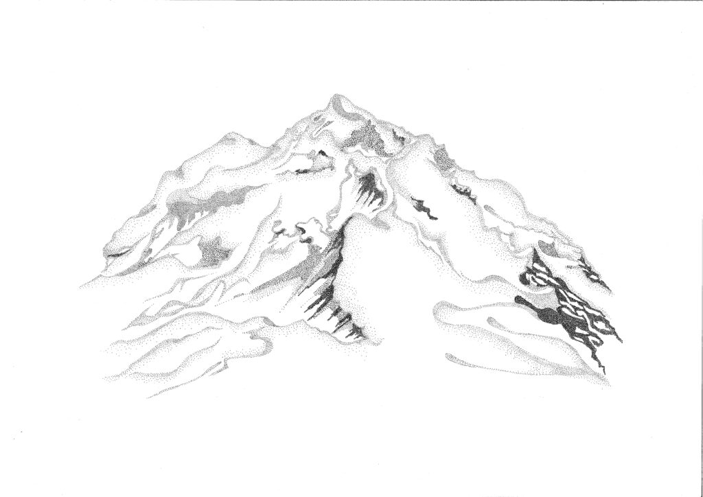 Katé Aráoz, Illimani nuageux, ink on paper